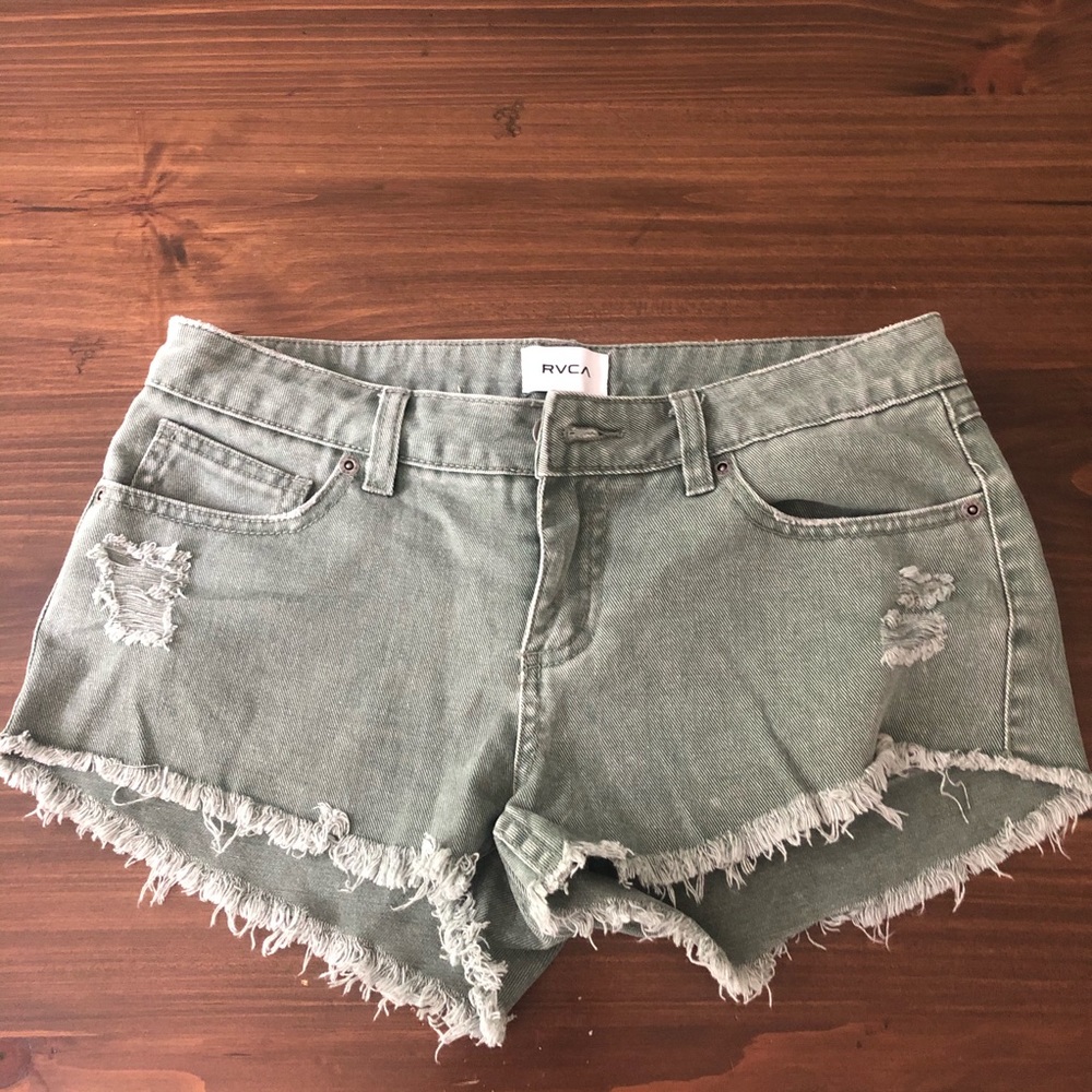 RVCA distressed light green cutoff shorts